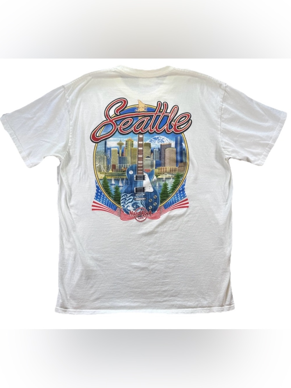 Hard Rock Cafe Seattle Washington T Shirt Men's XL White AOP Y2K Music Vintage
